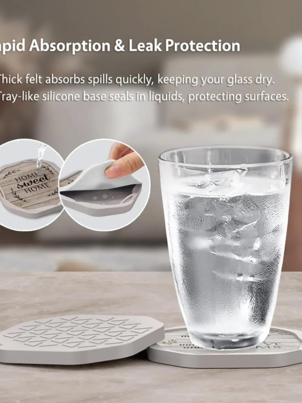 Absorbent Drink Coasters Set of 6 with Holder - Thoughtful House Warming Gifts f